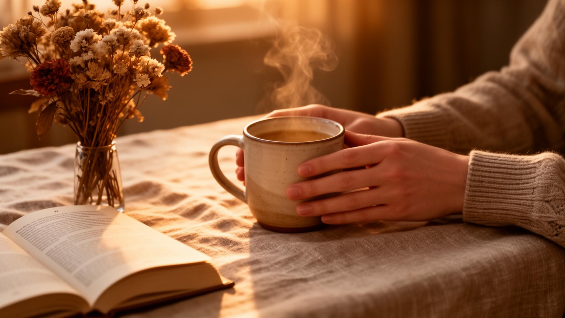 Hands holding a warm ceramic mug at golden hour